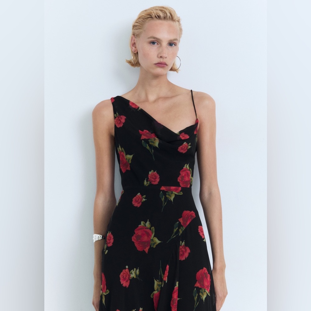 Mango Black Maxi Dress with Red Rose Print